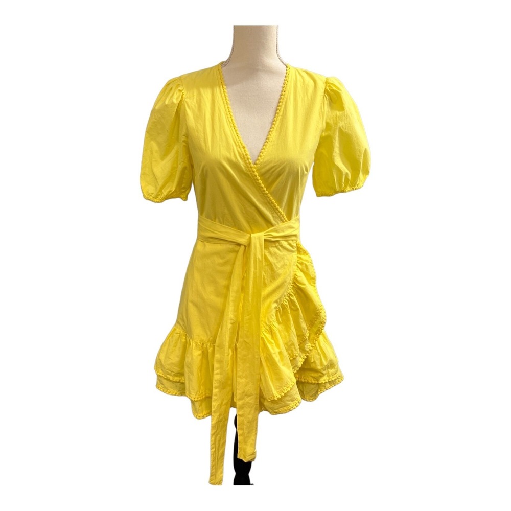 Tularosa Mildred Dress Yellow Wrap Mini Eyelet Trim Ruffle Size S Romantic
